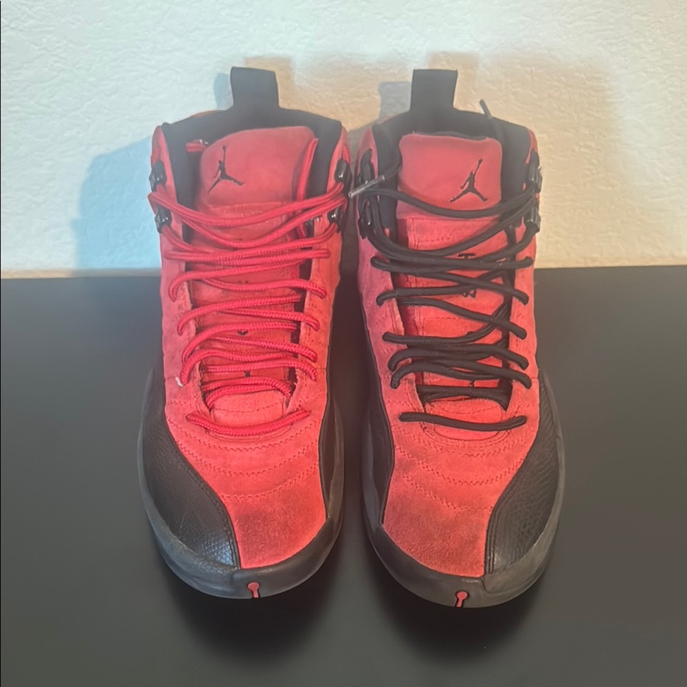 Jordan 12 Red and Black Sneakers with High-Top Design